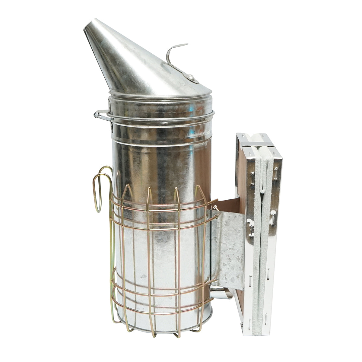 Bee smoker made of galvanized steel with a thermal shield cylinder and leather bellows 230mm